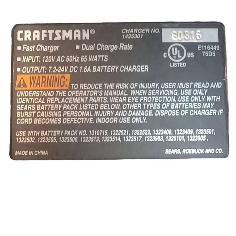 Craftsman 1 hour Fast Charger 7.2 volt to 24‎ volt Model Number 1425301